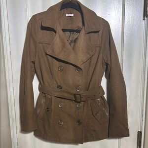 BONGO Brown Pea Coat Double-Breasted Belted